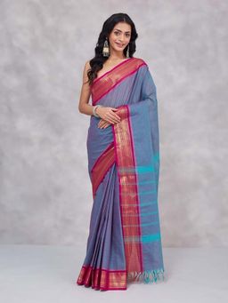 Fabindia - Teal Cotton Blend Saree Without Blouse