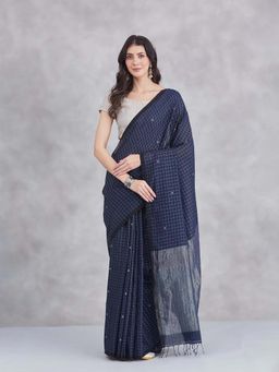 Fabindia - Navy Cotton Blend Jamdani Saree Without Blouse