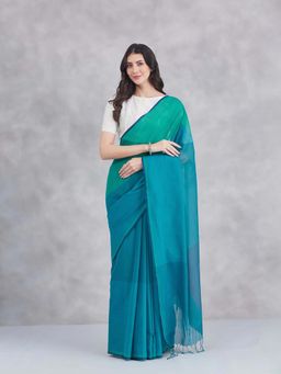 Fabindia - Teal Cotton Saree Without Blouse