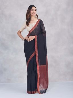 Fabindia - Black Cotton Blend Saree Without Blouse