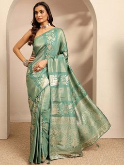 Libas - Woven Design Silk Blend Green Saree With Unstitched Blouse