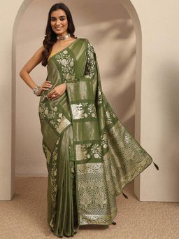 Libas - Woven Design Silk Blend Green Saree With Unstitched Blouse