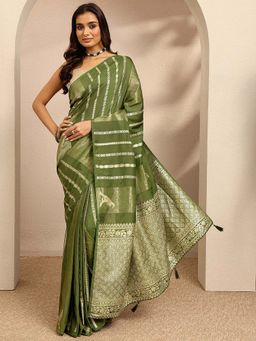 Libas - Woven Design Silk Blend Green Saree With Unstitched Blouse