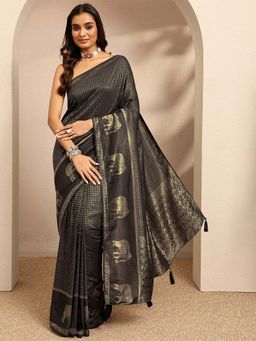 Libas - Woven Design Silk Blend Black Saree With Unstitched Blouse