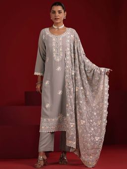 Libas - Embroidered Georgette Straight Kurta With Pant & Dupatta