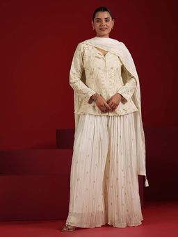 Libas - Embroidered Georgette Straight Kurta With Palazzo & Dupatta
