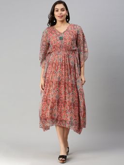 SHOWOFF - Women's Midi Ethnic Motifs Multi V-neck Kaftan Dress