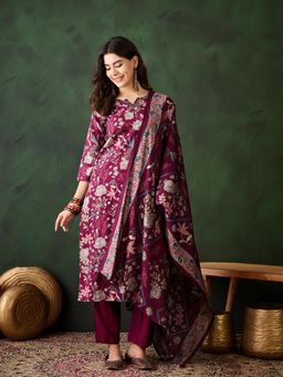 Vastramyaa - Wine Embroidered Floral Printed Kurta with Pant and Dupatta (Set of 3)