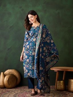 Vastramyaa - Navy Blue Embroidered Floral Printed Kurta with Pant and Dupatta (Set of 3)