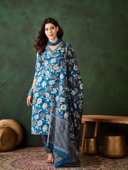 Vastramyaa - Blue Floral Printed Kurta with Pant and Dupatta (Set of 3)