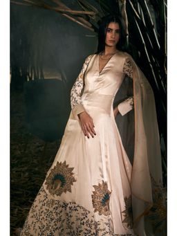 Shreeka - Beige Embroidered Crepe Anarkali with Pant and Dupatta (Set of 3)