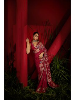 Shreeka - Deep Red Crepe Silk Hand Embroidered Saree with Stitched Blouse