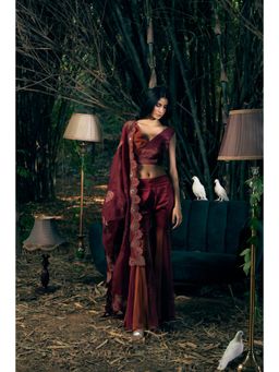 Shreeka - Deep Red Crepe Embroidered Sharara with Blouse and Dupatta (Set of 3)