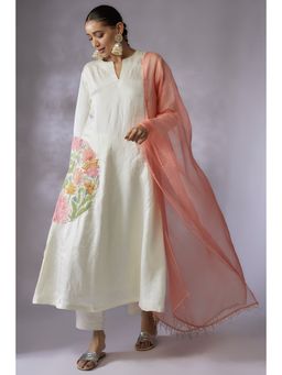 Shreeka - Ivory Silk Embroidered A-Line Kurta with Pant and Dupatta (Set of 3)