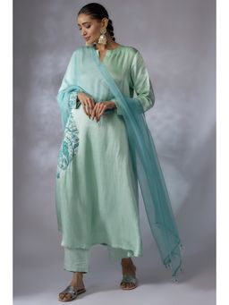 Shreeka - Green Embroidered A-Line Kurta with Pant and Dupatta (Set of 3)