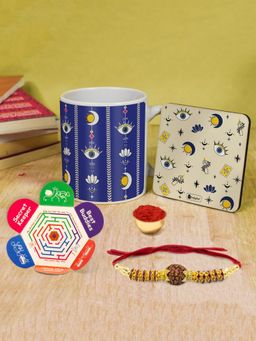 Indigifts - Rakhi Gift Hamper for Brother Printed Mug, Coster, Rakhi, Roli With Card