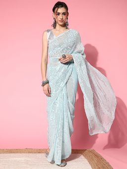 Akhilam - Womens Georgette Blue Embellished Belted Sarees with Unstitched Blouse