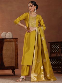 Libas - Mustard Embroidered Straight Kurta with Pant and Dupatta (Set of 3)