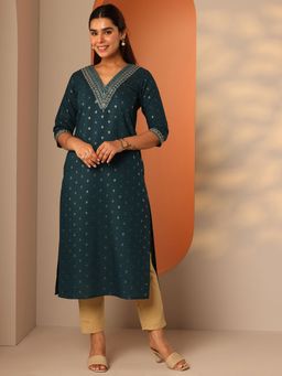 Libas - Teal Printed Straight Kurta for Women
