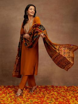 Libas - Mustard Embroidered Straight Kurta with Pant and Dupatta (Set of 3)