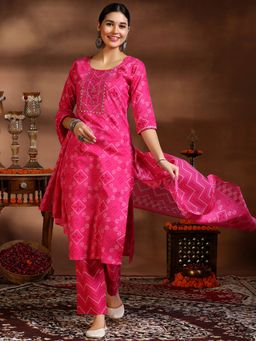 Libas - Pink Zari Straight Kurta with Pant and Dupatta (Set of 3)