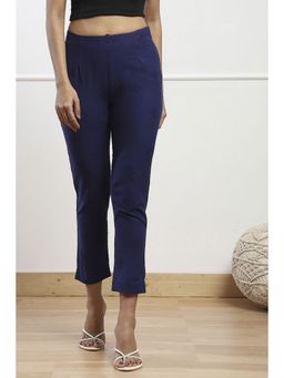 Biba - Women Blue Cotton Slim Embroidered Pant