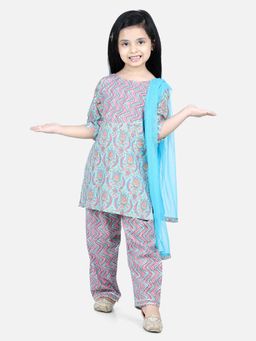 BownBee - Pure Cotton Printed Kurti with Pant for Girls - Blue (Set of 3)