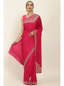 Soch - Magenta Satin Embellished Saree with Unstitched