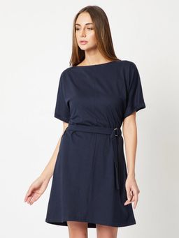 Miss Chase - Womens Navy Blue Round Neck Half Sleeve Solid Belted with D-ring Mini Shift Dress