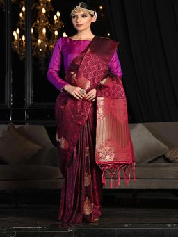 Beatitude - Purple Maroon Tint Soft Satin Silk Woven Saree with Unstitched Blouse