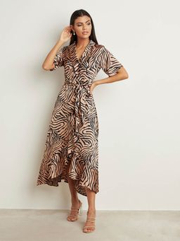 Styli - Beige Zebra Print Short Sleeves A-line Wrap Midi Dress With Waist Tie Belt (Set of 2)