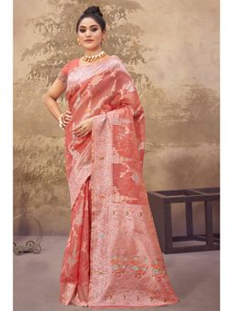 Sangam Prints - Pink Cotton Silk Woven Zari Work Traditional Saree with Unstitched Blouse