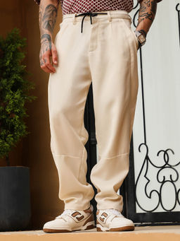 Campus Sutra - Men Cream White Twill-Panelled Chino