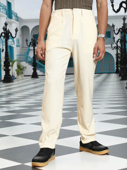 Campus Sutra - Men Off White Textured-Pleated Tailored Trouser