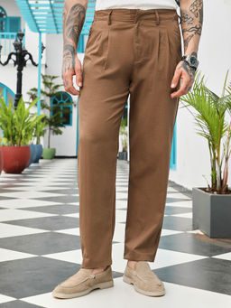 Campus Sutra - Men Mousse Brown Double-Pleated Tailored Trouser