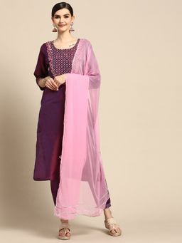 Gerua By Libas - Purple Embroidered Silk Blend Suit (Set of 3)