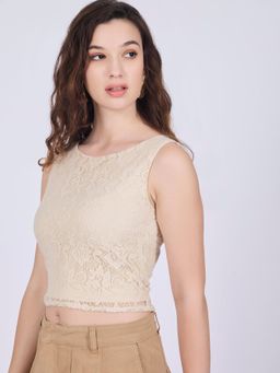 Outzidr - Beige Fitted Lace Crop Top