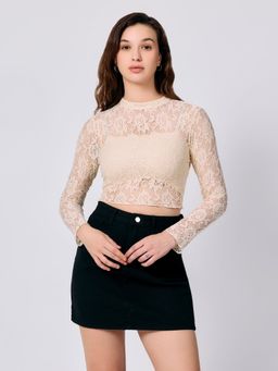 Outzidr - Beige Full Sleeve Fitted Lace Crop Top