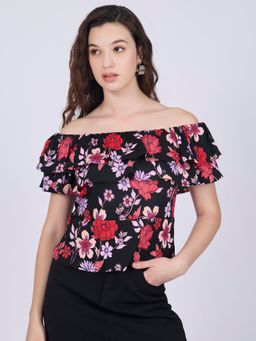 Outzidr - Black Floral Printed Off Shoulder Top