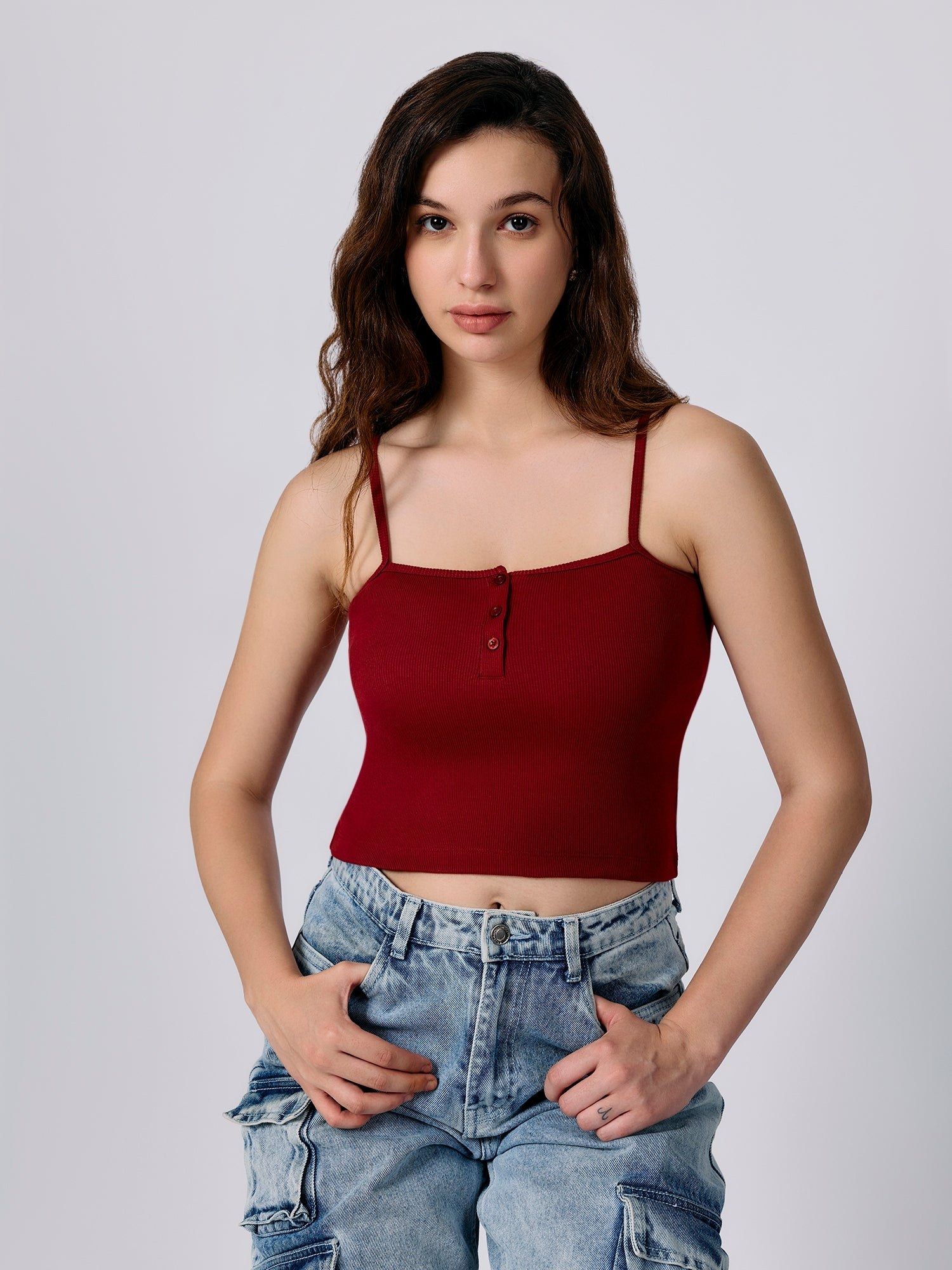Buy Outzidr Maroon Spaghetti Strap Ribbed Crop Top Online
