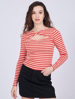 Outzidr - Red Twisted Cut Out Striped Top