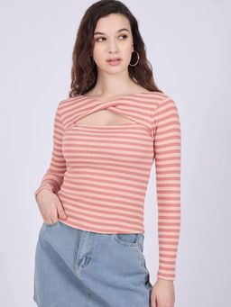 Outzidr - Brown Twisted Cut Out Striped Top