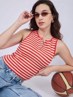 Outzidr - Red Striped Sleeveless Crop Top