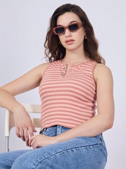 Outzidr - Brown Striped Sleeveless Crop Top