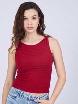Outzidr - Maroon Textured Fitted Crop Top