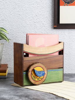 VarEesha - Hand Painted Blue Bird Wooden Magazine Holder - Neel Collection