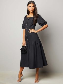 Styli - Black Drop Waist Midi Dress With Puff Sleeves