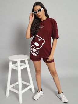 Griffel - Teddy Printed Oversized Maroon T-Shirt and Shorts (Set of 2)