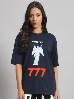 Griffel - Typography Printed Applique Navy T-Shirt
