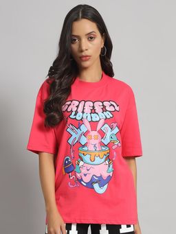 Griffel - Printed Drop-Shoulder Sleeves Pink T-Shirt
